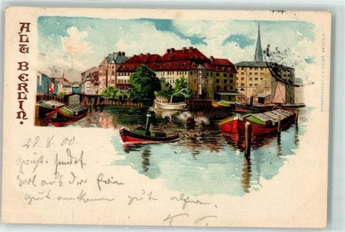 10115 W1000 Berlin, unsortiert 1900 Lithographie Alt Berlin Spreeufer Frachtkähne sign. W.D.