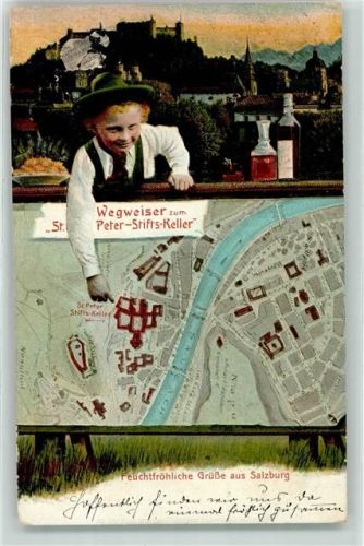 5020 Salzburg Gebrauchsspuren Wegweiser zum St. Peter Stifts Keller Gasthaus Feuchtfröhliche Grüße Kind Tracht Flaschen