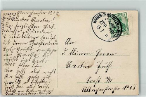 W5800 Hagen , Westf Hagen Westfalen - Betzdorf Zug 1278 Glückwunsch Mädchen Bahnpoststempel 1911