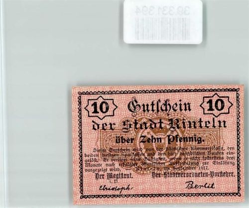 Rinteln Notgeld Gutschein 10 Pfennig