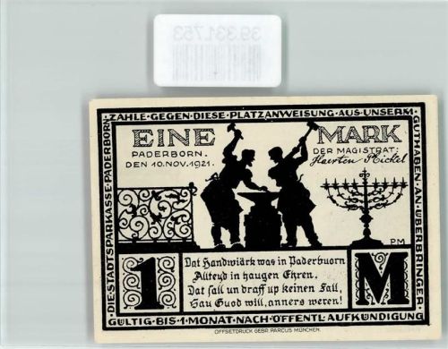 Paderborn Notgeld Eine Mark Schmiede Amboß Jüdischer Kerzenleuchter