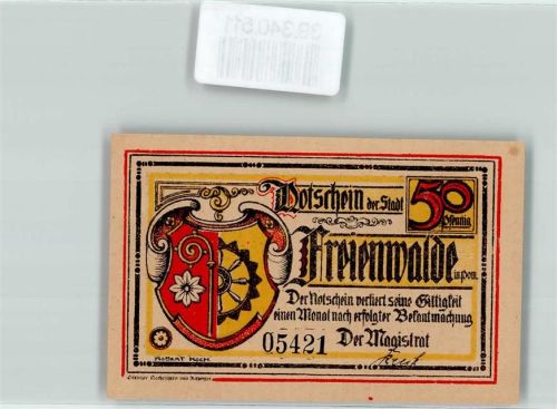 Freienwalde Notschein der Stadt 50 Pfennig Wappen Rad Magistrat Soldat