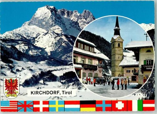 Kirchdorf Wintersportplatz Wilder Kaiser Wappen Kirche Schnee Auto Fahnen