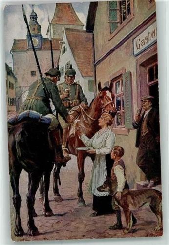 Ein Trunk im Bügel sign A. Roloff Kavallerie Soldaten Pickelhaube Schäferhund
