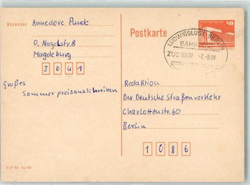 O2800 Ludwigslust , Meckl Ludwigslust - Berlin Zug 00531 Bahnpoststempel
