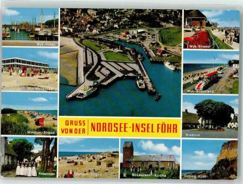 Föhr Foto AK Hafen Strand Südstrand Bahn Nieblum Goting Kliff Utersum Friesinnen Tracht Wellenbad Schwimmbad Schiff Boot Gruss Nordsee St. Laurentii Kirche