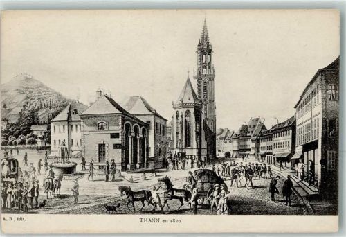 Thann 1820 Kirche Brunnen Pferdewagen