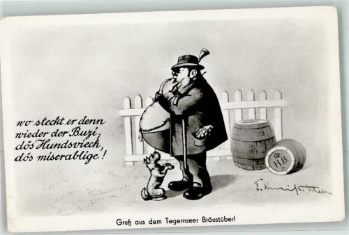 Tegernsee Humor Bräustüberl Hund Tracht Bierfässer