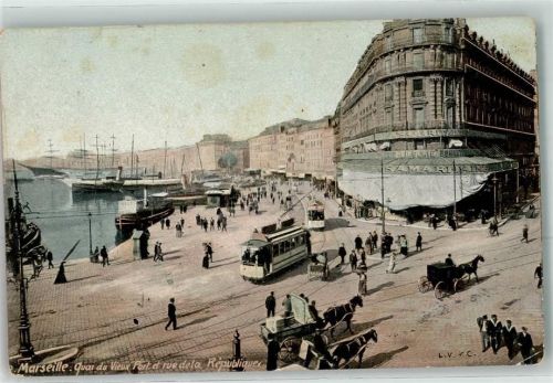 Marseille Quai du Vieux Port et rue de la Republique Straßenbahn Dampfer