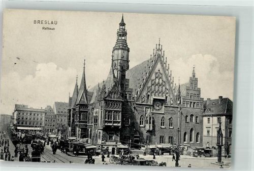 Breslau 1907 Rathaus Marktszene Straßenbahn