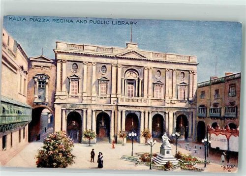 Valletta 1909 Gebrauchsspuren sign. Oilette Plazza Regina Denkmal Lithographie