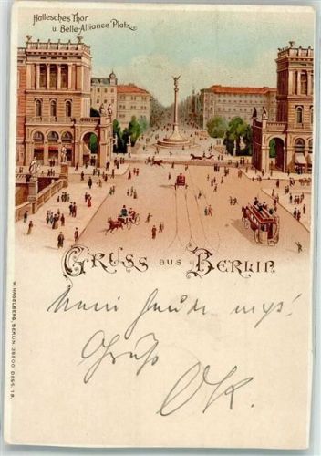 Kreuzberg 1897 Lithograhpie Hallesches Tor u. Belle Aliance Platz Pferdestraßenbahn