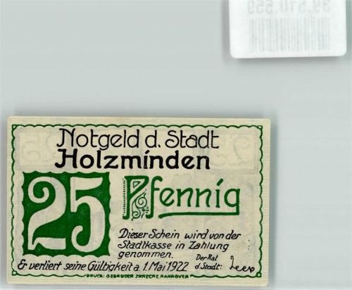 Holzminden 1922 Notgeld 25 Pfennig