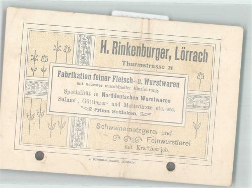 Lörrach Firmenschreiben H.Rinkenburger Fleisch- und Wurstwaren