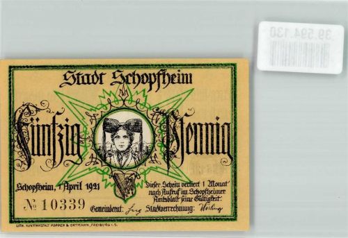 Schopfheim 1921 Schwarzwaldtracht 50 Pfennig Wappen Der Mann im Mond sign. J.P. Hebel