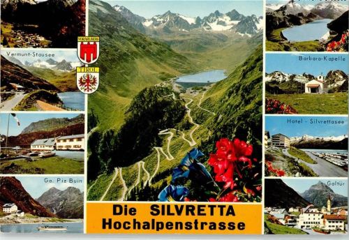 Galtür Silvretta Hochalpenstrasse Vermunt Stausee Piz Buin Barbara Kapelle Hotel Silvrettasee Kirche Blume Wappen Fahne nur Scan beschnitten