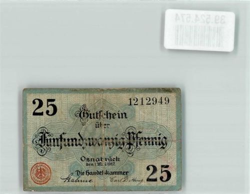 Osnabrück 1917 Notgeldschein Gutschein über 25 Pfennig durch die Handelskammer ausgegeben