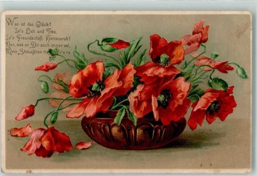 M.S.i.B. Roter Klatschmohn in einer Schale Gedicht Lithographie