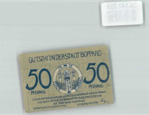 Boppard 1920 50 Pfg. Gutschein der Stadt Boppard