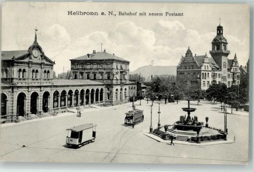 Heilbronn 1908 Bahnhof mit neuem Postamt Straßenbahn