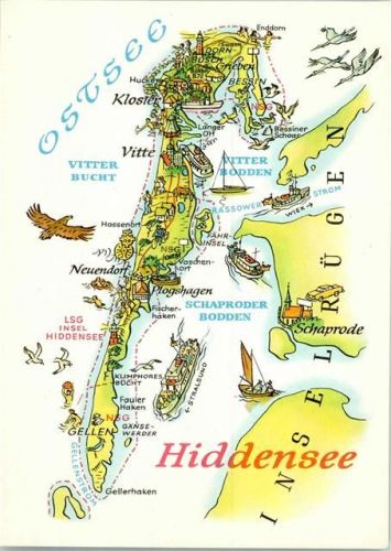 Insel Hiddensee sign. Hoppe Zeichnung der Insel mit Sehenswürdigkeiten Bild und Heimat