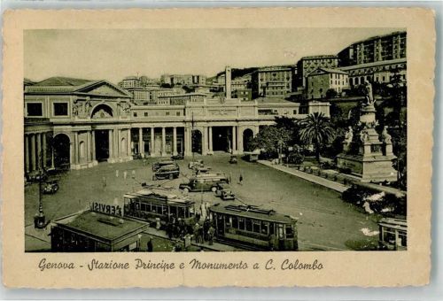 16100 Genova Gebrauchsspuren Straßenbahn Bahnhof Omnibus Denkmal C. Colombus Foto-AK