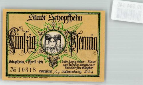 Schopfheim 1921 Schwarzwaldtracht 50 Pfennig Wappen Hans und Verene sign. J.P. Hebel