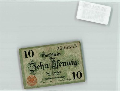 Osnabrück 1917 Notgeldschein Gutschein über 10 Pfennig durch die Handelskammer ausgegeben