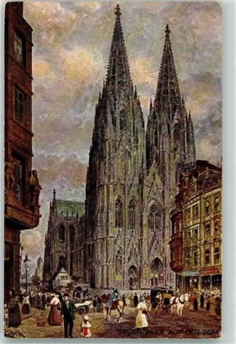 Köln Stadt Straßenbild Kölner Dom sign. Karl Rüdell Neue Kölner Künstlerkarten Chemische Fabrik Schürholz Kutsche