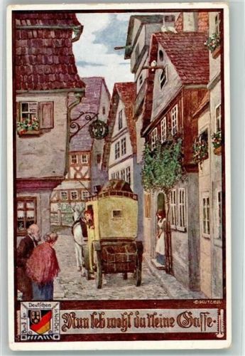 1912 sign. Kutzer Nun leb wohl du kleine Gasse Mann winkt seinen Eltern aus Postkutsche heraus Bund der Deutschen in Niederösterreich Karte Nr. 40 Maschinenstempel