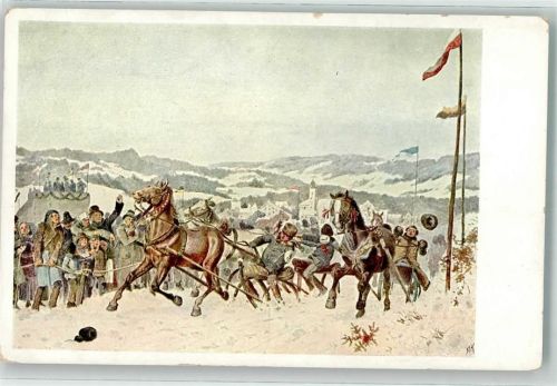 Linz Winter Gasselfahren m. Pferdeschlitten sign. Alois Greil Landesgalerie Karte Nr. 42