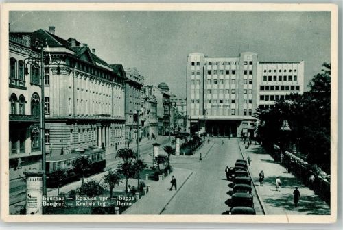 Beograd Königsplatz und Börse Litfaßsäule Straßenbahn Oldtimer