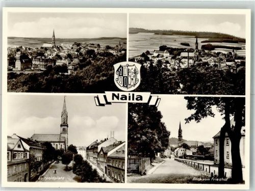 95119 W8674 Naila Foto AK Luitpoldplatz Blick vom Friedhof Kirche Fabrik Wappen