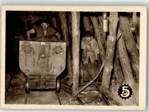 Arbeiter Förderwagen Foto AK Bergbau Gebrauchsspuren
