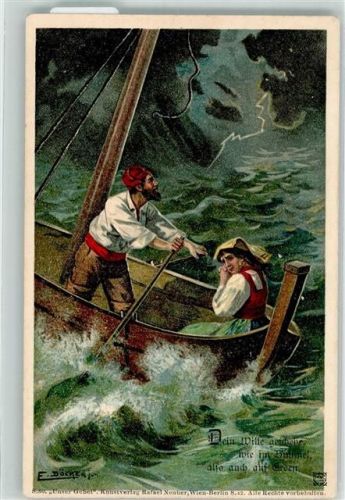 Unser Gebet Mann und Frau in kleinem Segelboot während eines heftigen Sturmes Verlag Rafael Neuber