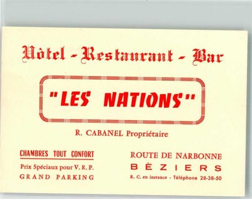 Beziers Hotel Restaurant Bar Les Nations Visitenkarte