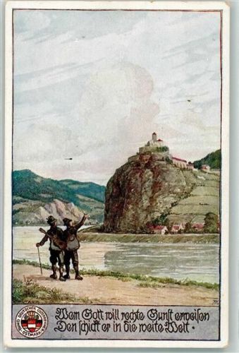sign. Kutzer Wanderer bestaunen eine Burg auf steilem Felsen Ostmark Bund deutscher Österreicher Karte Nr. 154