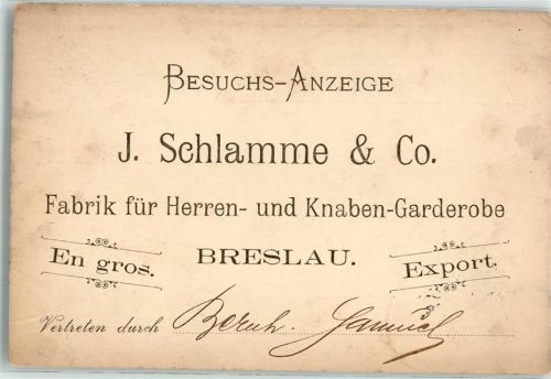 Breslau Besuchsanzeige Fabrik J.Schlamme