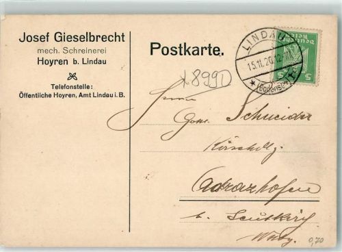 Hoyren 1926 Fabrik Schreinerei J. Gieselbrecht Geschäftskorrespondenz
