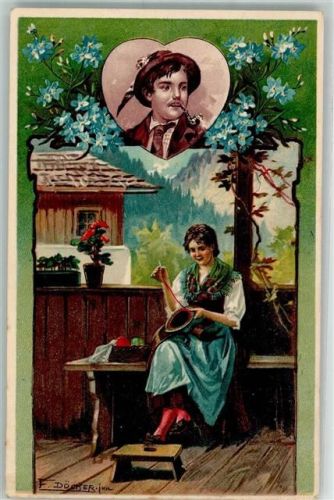 1901 Stickende Frau in Tracht träumt von ihrem Pfeife rauchenden Mann Verlag Rafael Neuber Serie 53