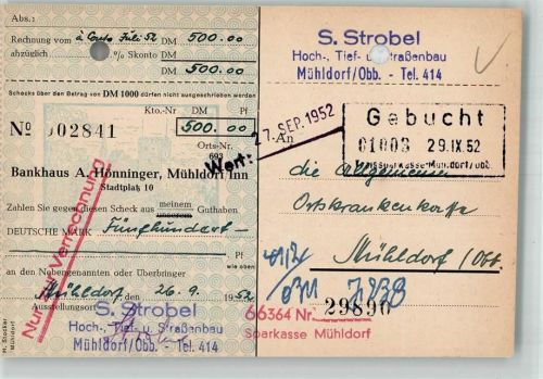 Mühldorf 1952 Bankhaus Hönninger Scheck Sparkasse