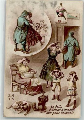 1917 Le Poilu a laisse a chacun son petit souvenir , Papagei, Katze Hund Familie Verlag E.M. 218