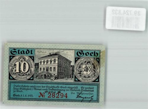 Goch 1921 10 Pfennig Gutschein Nr. 28294 Serie B Rathaus
