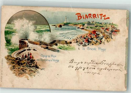 Biarritz Schwimmbad Strand Leuchtturm Lithographie