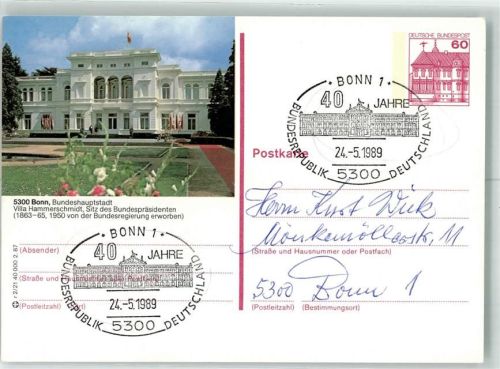 Bonn Ganzsache Bundeshauptstadt Villa Hammerschmidt Sitz des Bundespräsidenten Fahne Blumen Sonderstempel 40 Jahre Bundesrepublik
