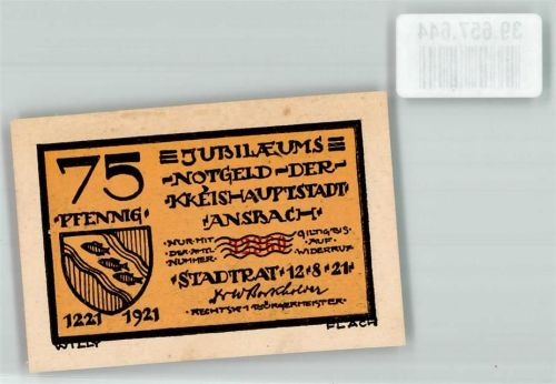 Ansbach 1921 75 Pfennig Nr. 32360 Die Urkunde 1221
