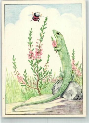 Eidechse Hummel Blumen sign. von Lampe Ferd.