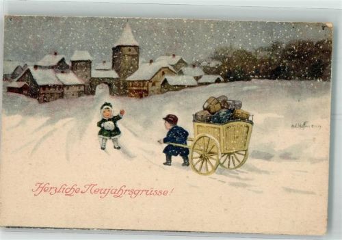 1924 Neujahr Kinder Karre mit Postpakete