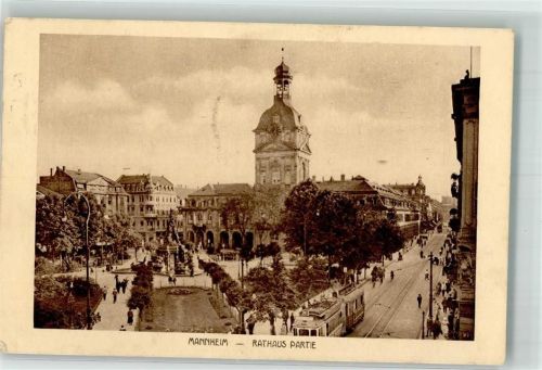 Mannheim 1927 Altes Rathausmit Pfarrkirche St. Sebastian und Marktplatzbrunnen Straßenbahn Verlag Emil Hartmann