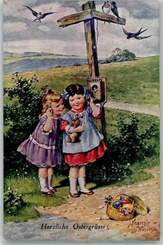 1917 Ostern Kinder Telefon Schwalben Hase Korb Eier